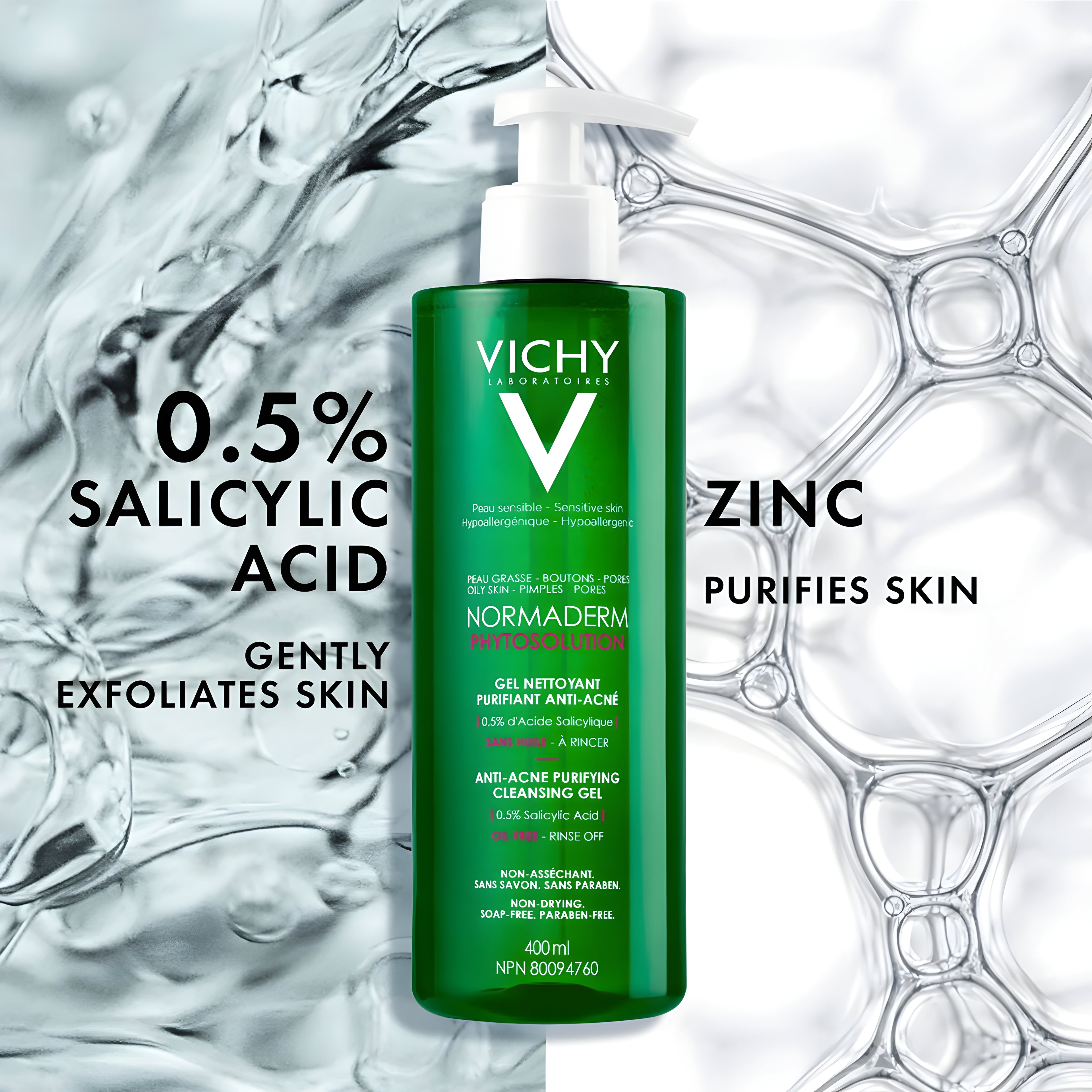 VICHY Oily Sensitive Skin Facial Cleanser Green Pump Bottle