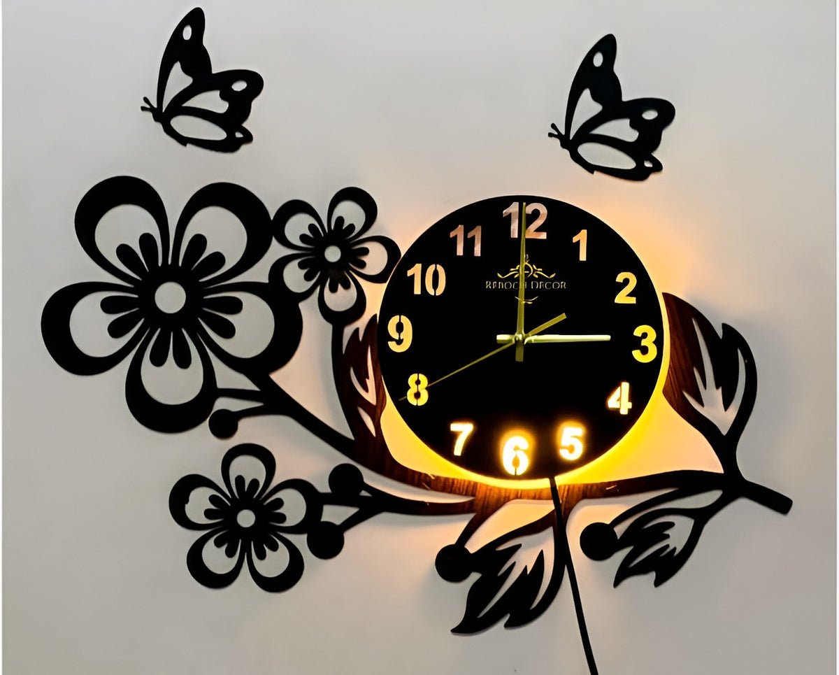 3D Flower Wooden Wall Clock With LED Light
