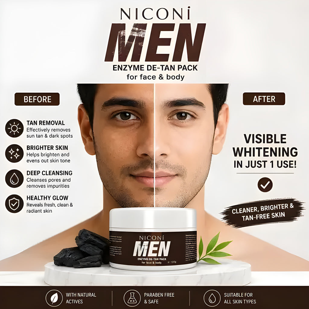 Niconi Men Enzyme De-Tan Pack - Advanced Skincare Facial Pack For Tan Removal Brightening Deep Cleansing And Smooth Refreshing Men Skin Tone - 100g